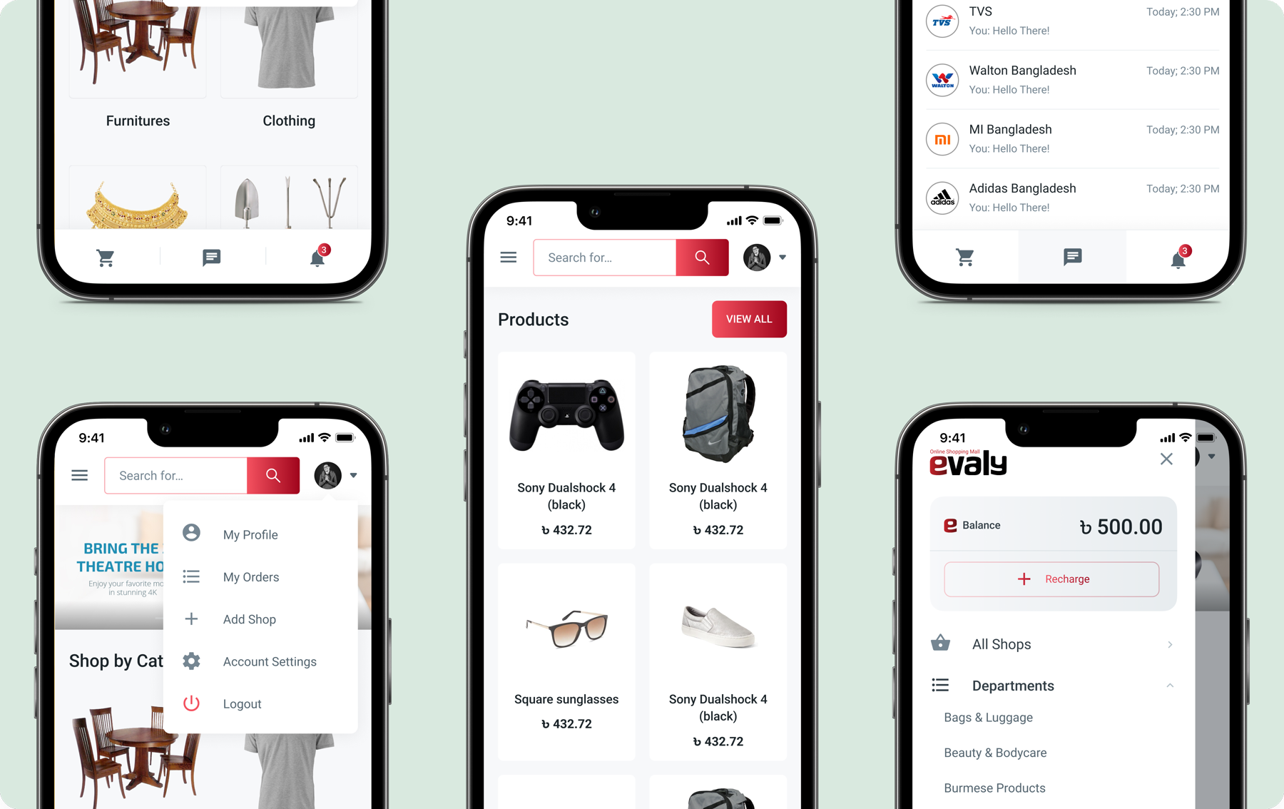 Evaly responsive mobile screens — category browse, product listing, account menu, seller chat, and wallet page on iPhone mockups